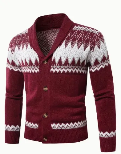 Men's Casual Christmas Jacquard Knit Cardigan - Cozy Long Sleeve Button-Up Sweater for Fall/Winter