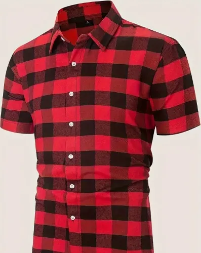 Men's Checkered Print Shirt, Casual Lapel Button Up Short Sleeve Shirt For Outdoor