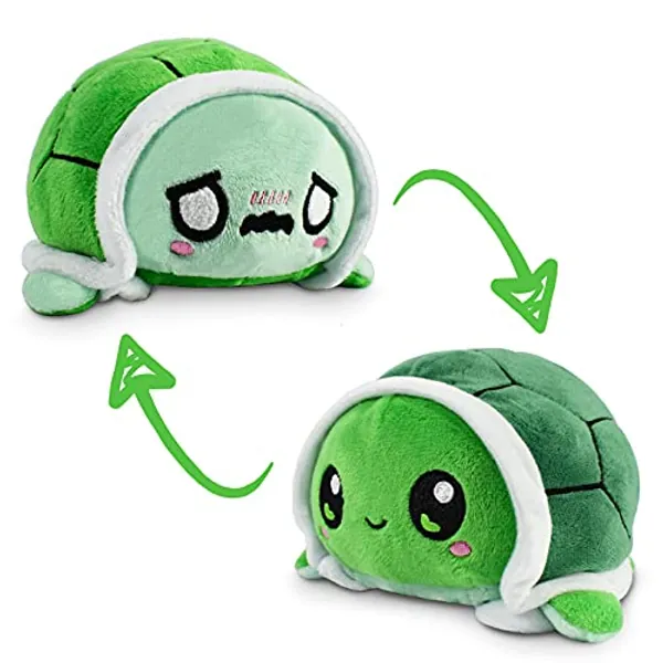 TeeTurtle | The Original Reversible Turtle Plushie | Patented Design | Sensory Fidget Toy for Stress Relief | Kawaii Green | Happy + Worried | Show Your Mood Without Saying a Word!