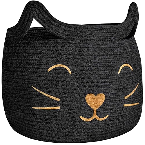 HiChen Large Woven Cotton Rope Storage Basket, Baby Laundry Basket Organizer for Toys, Blanket, Clothes, Towels, Gifts | Pet Gift Basket for Cat, Dog - 15.7" L×11.8" H, Black - Black - Cat