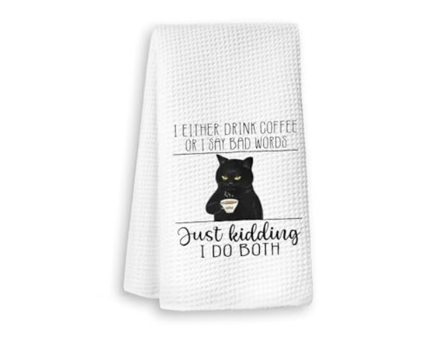 XYDEG Coffee Kitchen Towels,Funny Coffee Kitchen Hand Towels,Black Cat Dish Towels,Coffee Bar Accessories Decor,Housewarming Gift for Coffee Cat Lovers,I Either Drink Coffee or I Say Bad Words 16x24