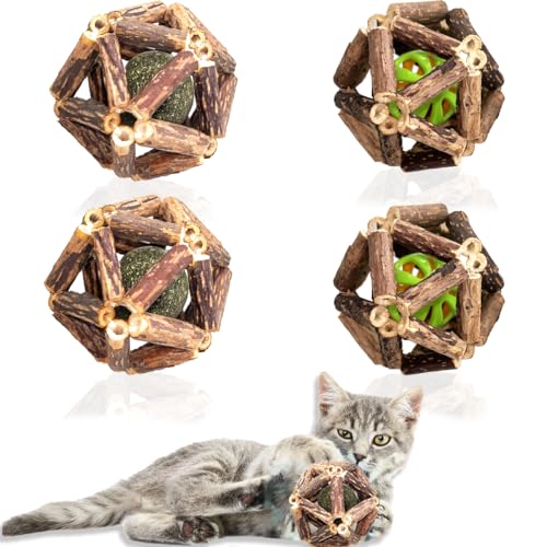 QUVOVID Cat Catnip Toys 4 Packs Catnip Ball Toys, Nature Silvervine Stick Cage Cat Bell Balls, Catnip Toys for Cleaning Teeth, Relaxing Cats, Cat Toys for All Breeds - 4 Packs