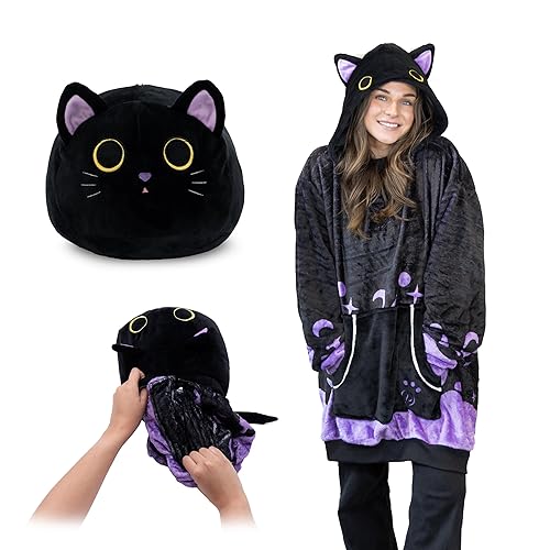 Plushible Wearable Blanket Hoodie, 2-in-1 Oversized Hoodie Blanket Pillow, Long Sleeve Sweatshirt Pocket, Cozy Valentine Gift - Black Cat