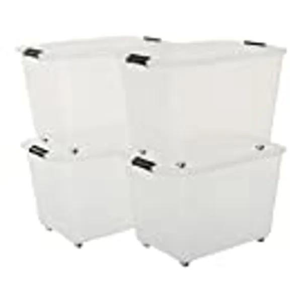 Iris Ohyama, 4er-Set, Aufbewahrungsboxen, 60 L, mit Rollen, Clips, Wohnzimmer, Schlafzimmer, Garage - Top Box Roller TBR-60 - Transparent