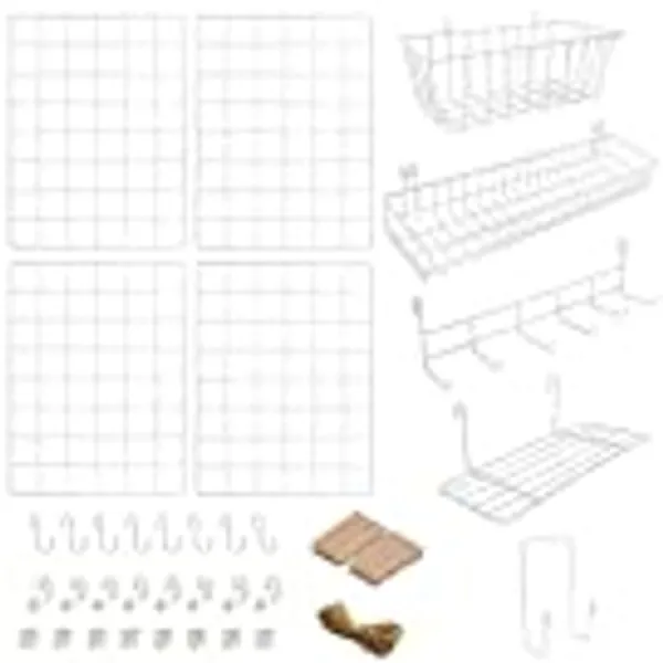 4er-Pack Wandgitter mit Zubehör | Inklusive Hänge-Körbe, Brief-Sortierer, Hänge-Regal & Haken-Gestell | Gitter Pinnwand | Deko für Heim, Büro & Küche zum Aufhängen | Fotowand | Metall & Weiß