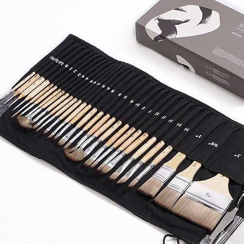 ARTIFY 30-Piece Expert Paint Brush Set, Upgraded Version, Complete Range of Sizes, Enhanced Synthetic Brushes with Canvas Roll and Palette Knife for Acrylic, Oil, Watercolor, and Gouache - Wooden