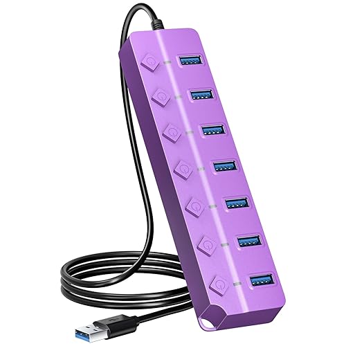ONFINIO USB Hub 3.0, 7-Port USB Hub Splitter with Individual On/Off Switches and Lights, 3.2ft/1m Long Cable Compatible with MacBook, Laptop, Surface Pro, PS4, PC, Flash Drive, Mobile HDD-Purple - Purple