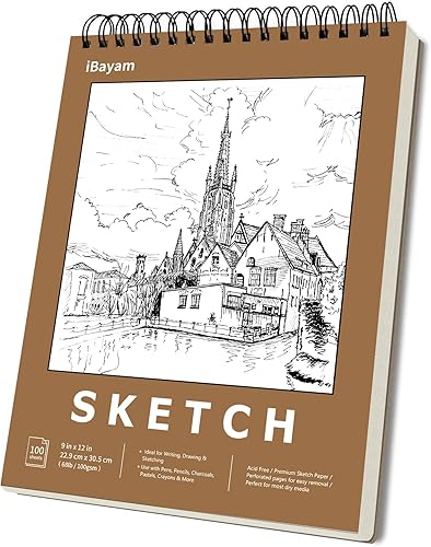 iBayam 9" x 12" Premium Sketch Book Set, 1-Pack Spiral Bound Drawing Paper, 100 Sheets (68lb/100gsm) Sketchbook, Acid-Free Art Drawing Painting Sketching Pad Supplies for Kids, Teens, Adults, Artists - brown - 9x12 Inch (Pack of 1)