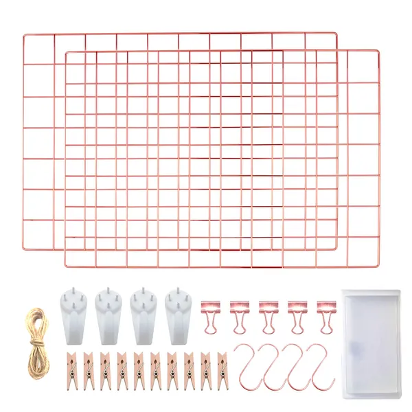 LOYONAL Rutnät, fotovägggaller, roséguld – anslagstavla, galler, vägg – metallgaller, dekoration vägg – set om 2 multifunktionella planeringstavlor, guld, 42 × 31 centimeter