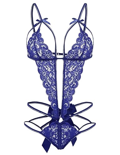 Donnalla Women's Deep V Lace Teddy One Piece Lingerie Cutout Strappy Lingerie - Small - Blue