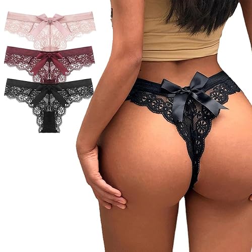 Women Lace Bow Thongs,T Back Low Waist Panties Sexy V-Shape Design Floral Lace, Breathable Panties Undies for Women 3-Pack - Small - Black,red&pink