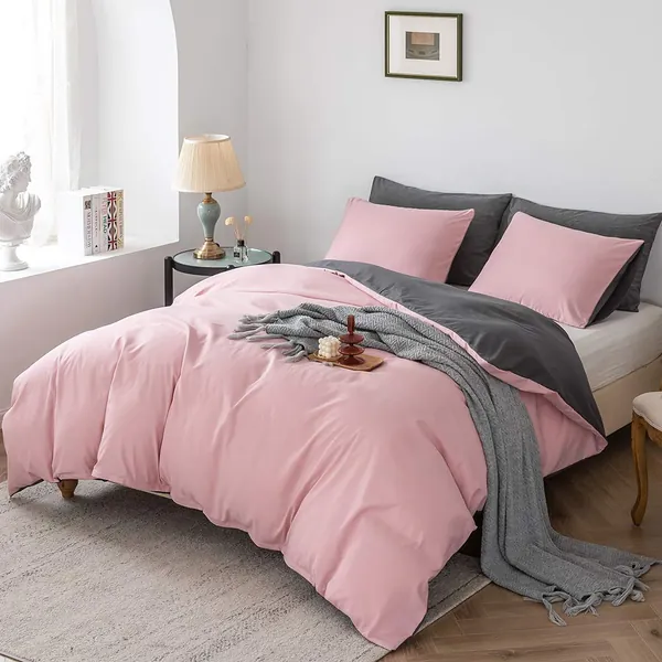 Damier Bettwäsche 135×200cm Rosa Altrosa Grau Uni Wendebettwäsche Set 2 Teilig Superweiches Weiche Microfaser Bettbezug mit Reißverschluss + 1 Kopfkissenbezug 80 × 80 cm
