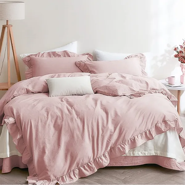 Lanqinglv Rüschen Rosa Bettwäsche 135x200 2 Teilig Mädchen Mikrofaser Bettbezug Deckenbezug mit Reißverschluss mit Kopfkissenbezüge 80x80