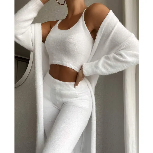 Damen Schlafanzug Pyjama,Sexy Solid Winter Plüsch Weiß Pjs Sleepwear Robe Drei Stück Sets Home Kleidung Langarm Bottoms Hose Weiche Lässige Loungewear Nachtwäsche Für Erwachsene Outfits Anzug