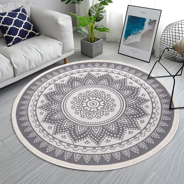 SHACOS Vintage Teppich Rund 160cm Grau Baumwollteppich Rund Waschbar Teppich Mandala mit Quasten Handgewebt Teppich Groß für Wohnzimmer, Schlafzimmer