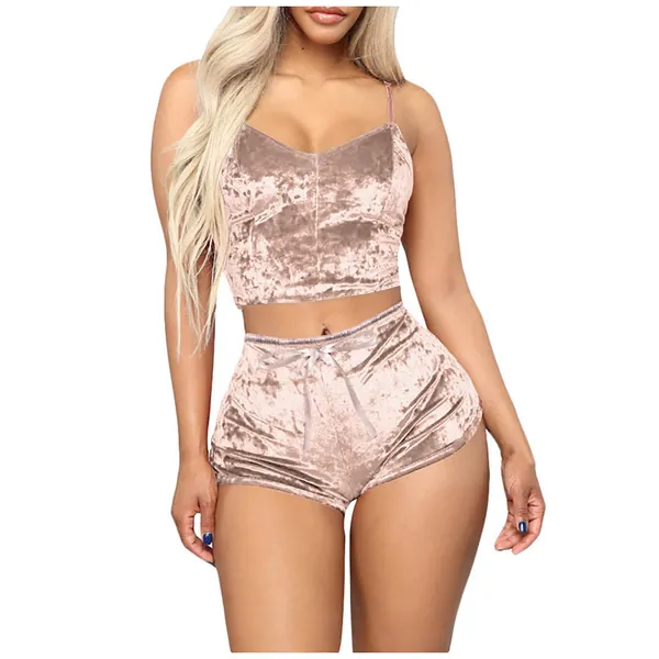 Nachtwäsche Für Frauen Damen Samt Schlafanzug Sexy Hausanzug Satin Pyjama Nachthemd Kurz Set Short Spitze Einfarbi kuschelig Ärmellos Negligee Sleepwear Träger mädchen Sleepshirt