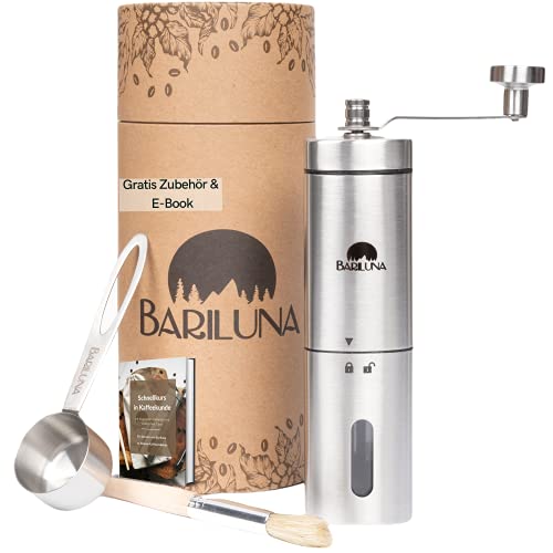 BARILUNA® Premium Kaffeemühle, manuell mit Keramikmahlwerk | Handkaffeemühle ohne abrutschen| Espressomühle aus wertigem Edelstahl | Mahlgradeinstellung | Coffee grinder für Camping und Wohnmobil