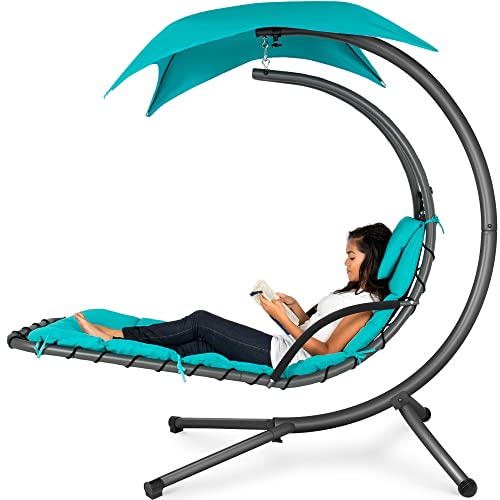 Best Choice Products Outdoor Hanging Curved Steel Chaise Lounge Chair Swing w/Built-in Pillow and Removable Canopy - Teal - Teal