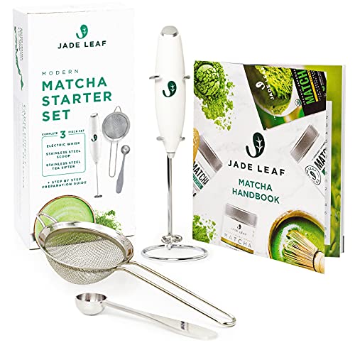 Jade Leaf Matcha Modern Starter Set - Includes: Electric Matcha Whisk + Milk Frother, Stainless Steel Spoon, Stainless Steel Sifter, and Printed Handbook - Starter Set