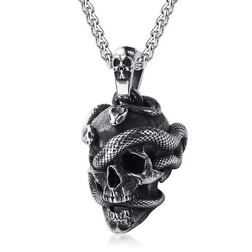 KIRTIJW Skull Necklace for Men Stainless Steel Gothic Punk Emo Biker Necklace Jewelry for Men 60cm - Snake Skull