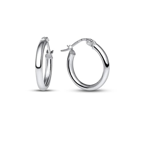 925 Sterling Silver Hoop Earrings for Women, Round-tube Design, Shiny Polish Finish with Click-Top Closure, Tarnish and Nickel Free, Various Sizes - 15mm - 3/5"