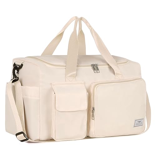 FIORETTO 35L Damen Sporttasche Faltbare Reisetasche mit Schuhfach und Nassfach, Wasserabweisende Weekender Gym Travel Bag Handgepäck Tasche Trainingstasche für Damen Herren - 35l-beige