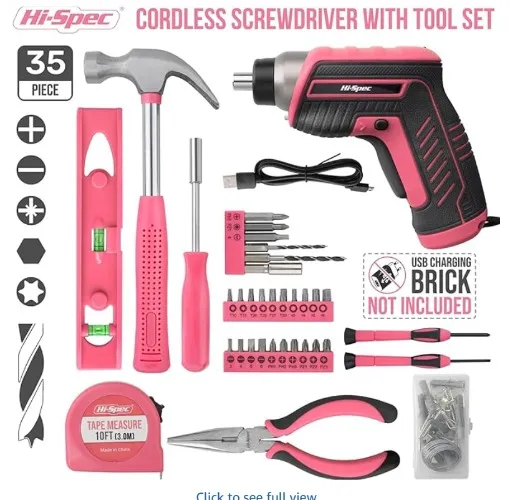 Hi-Spec 35-teiliges Pink-Rosa Heimwerker-Werkzeugset mit wiederaufladbarem USB-Akkuschrauber. Für Reparaturen und Wartungen in einem praktischen Werkzeugkoffer – Für Frauen und Mädchen - Pink