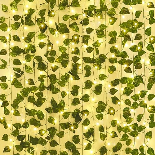 CEWOR 24 Pack 173ft Fake Ivy Vines, Artificial Ivy Garland with 200 LED String Lights, Hanging Plants Greenery Backdrop Green Leaves for Bedroom Room Wall Decor Wedding Party Table Decoration - F-24pcs with 200 LED lights