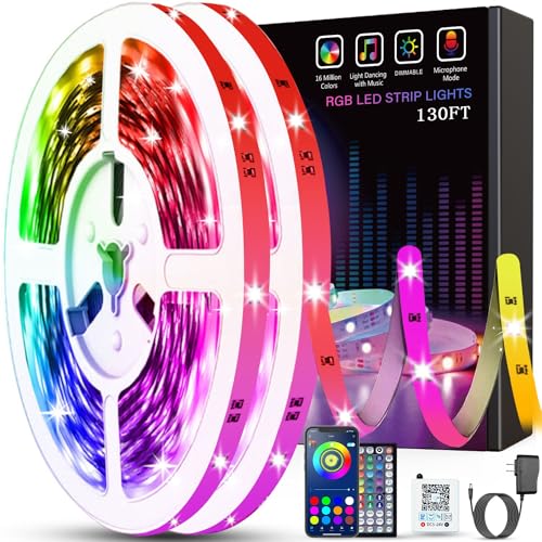 Tenmiro 130ft Led Lights for Bedroom, LED Strip Lights with Remote and App Control Music Sync Color Changing RGB LED Strip, LED Lights for Room Home Party Decoration (2 Rolls of 65ft) - 130FT