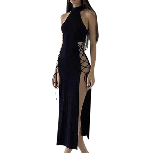 Women Halter Neck Long Dress Sexy Cut Out Side Split Lace Up Straps Sleeveless Bodycon Maxi Dresses Cocktail Party Dress - Small - Black