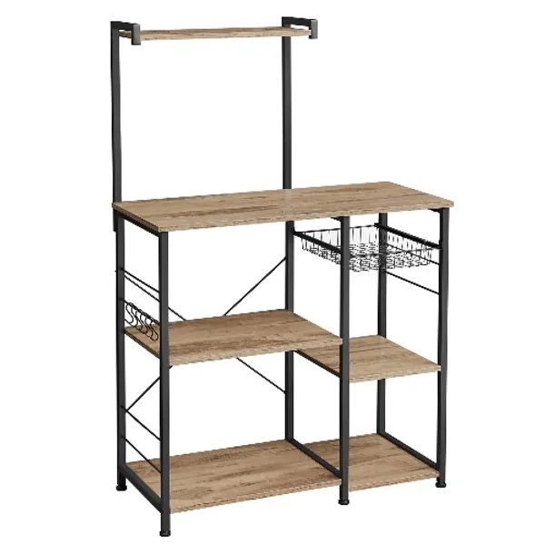 VASAGLE Baker's Rack, Coffee Station, Microwave Oven Stand, Kitchen Shelf with Wire Basket, 6 S-Hooks, Utility Storage for Spices, Pots, and Pans, Toasted Oak Color and Black UKKS035B50 - Toasted Oak Color + Black