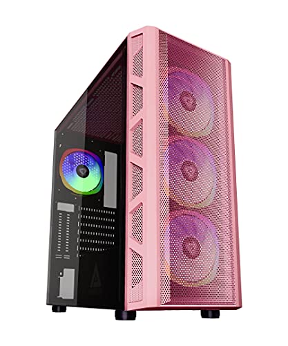 Apevia GUARDIAN-M-PK Guardian Mesh Mid Tower Gaming Case with 1x Tempered Glass Panel, 1x Mesh Front Panel, 2x Vertical Graphics Card PCI-E Slots, Top USB3.0/USB2.0/Audio Ports, 4x RGB Fans, Pink Case - GUARDIAN MESH PINK