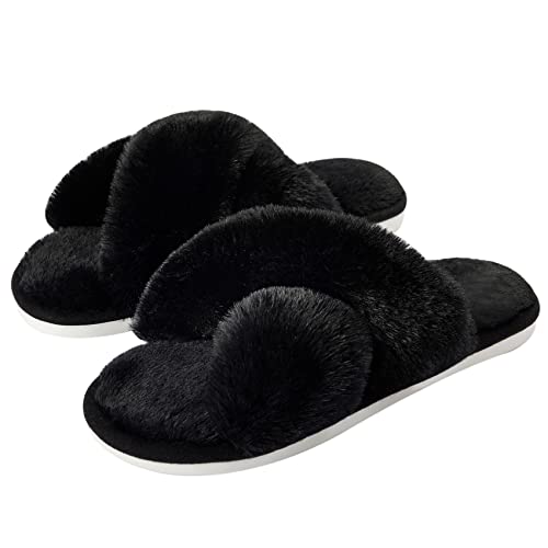 Metog Women's Fuzzy Slippers House Slippers Cross Band Slippers Indoor Outdoor Soft Open Toe Slippers - 5-6 - Black