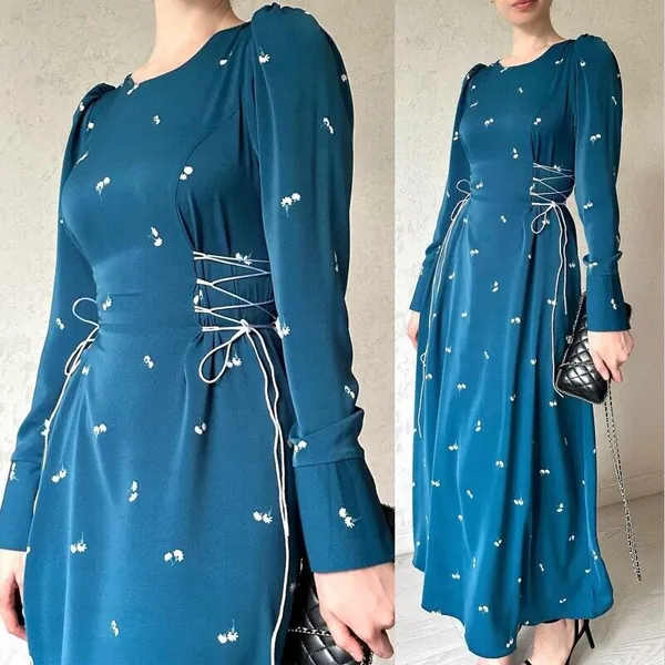 Women Fashion Drawstring Dress Spring Long Sleeve Abaya Gown Muslim Clothes