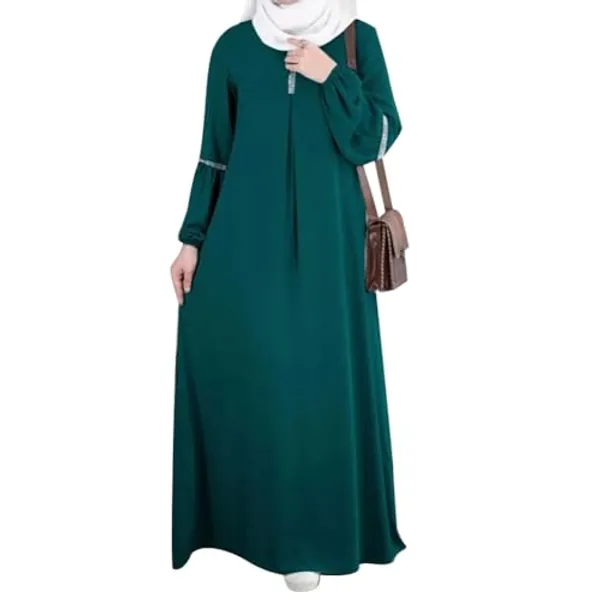 IDOPIP Muslim Abaya Dress for Women Casual Sequin Sundress Solid Dubai Kaftan Robe Party Long Sleeve Islamic Prayer Clothing