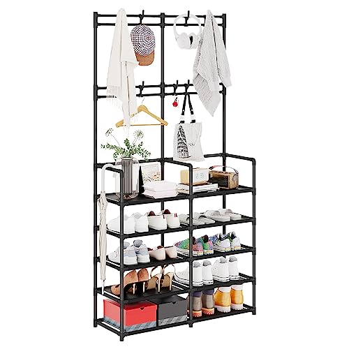 UDEAR 5-Tier Coat and Shoe Rack, Entryway Coat Rack with 8 Hooks, Double Row Shoes Organizer for Living Room, Bedroom, Office, Black - Black
