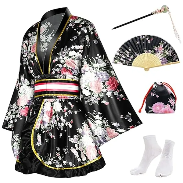 PLULON 5 Pcs Women's Japanese Kimono Robe Short Floral Print Kimono Dress Sexy Geisha Yukata Satin Bathrobe with Accessories - One Size - Black