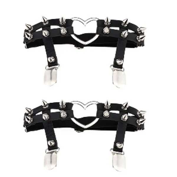 Daimay 2PCS Gothic Studded Heart Garters Leg Ring Leg Elastic Punk Harness Garter Belt Adjustable Suspender with 2 Metal Clips – Black