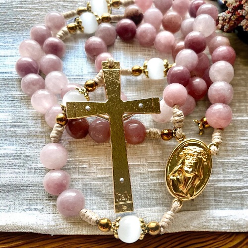 Mercy Handmade Rosary - pink earth tone stone beads Durable cord - Prayer and Devotion - Catholic Gift for Confirmation Baptism