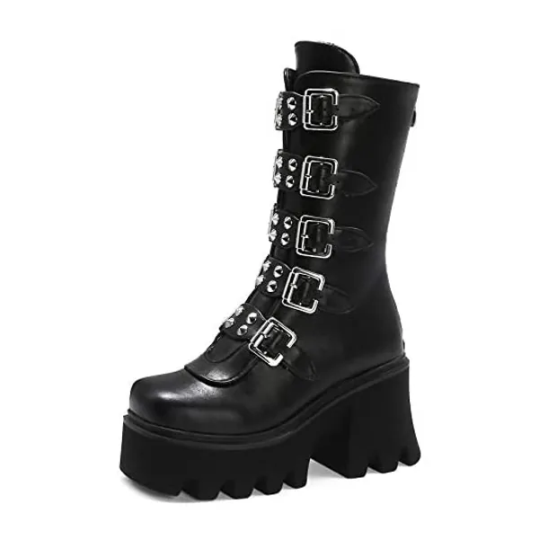 
                            YIYA Women's Studded Mid Calf Combat Boots Black White Goth Platform Boots Round Toe Buckle Chunky Heel Booties
                        