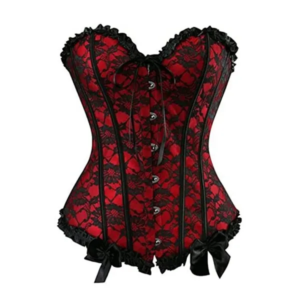 
                            Womens Floral Black Lace Trim Corset Overbust Waist Cincher Bustier Top
                        