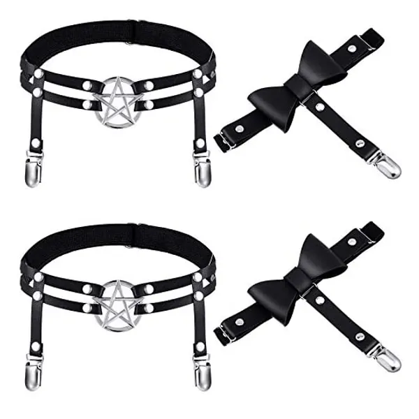 
                            4 Pieces Leg Harness Garter Belt Adjustable Punk Gothic Thigh Ring Garter Black Faux Leather Punk Leg Ring Elastic Punk Suspender for Women Girls Party Favors
                        
