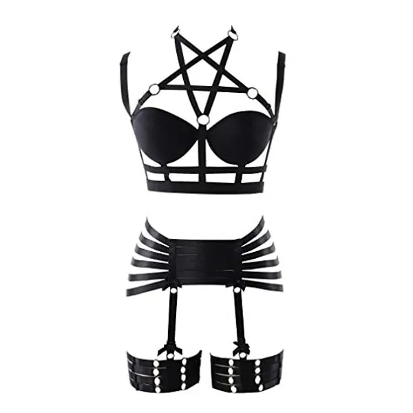 
                            Womens Strappy Full Cage Body Harness Lingerie Garter Belt Set Elastic Hollow Tops Bralette Punk Gothic Festival Rave Wear
                        