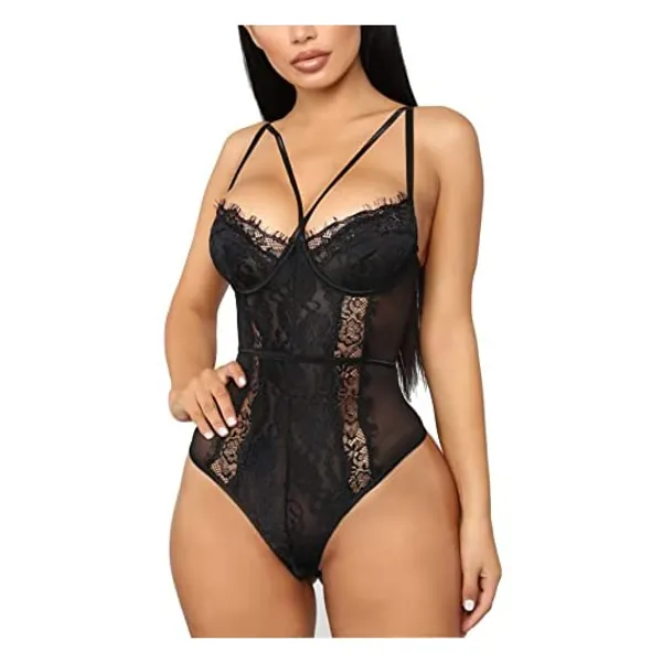 
                            Aranmei Women Sexy Eyelash Lace bodysuit Snap Crotch Teddy Lingerie
                        