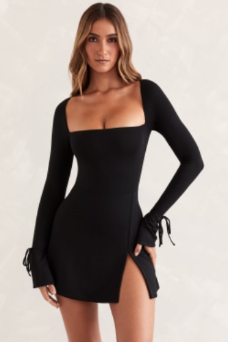 Square Neck Long Sleeve Mini Dress in Black | 8