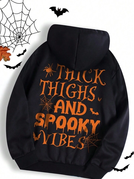 SHEIN EZwear Halloween Slogan Graphic Drawstring Thermal Lined Hoodie
