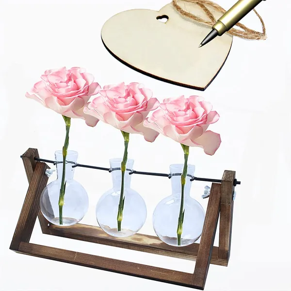 laffeya Terrarium Planter, Desktop Glass Planter with 3 Vase, Hydroponic Plants Cuttings Holder for Home Decoration, Mother's Day (3 Bulb vase C, Brown)