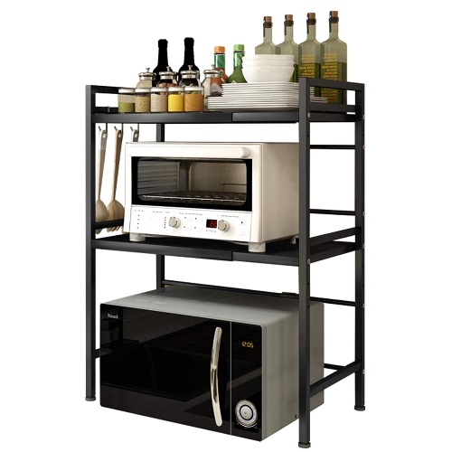 Microwave Shelf, Expandable Microwave Oven Rack, Kitchen Storage & Organisation, Adjustable Width & Height Kitchen Stand Counter Shelf with 3 Hooks (Black 2-Tier)