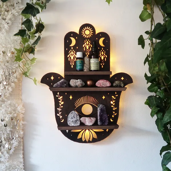 Hamsa Hand Shelf, Hamsa Hand Lamp,  Hand of Fatima,  wooden crystal shelf, Hamsa Wall Art