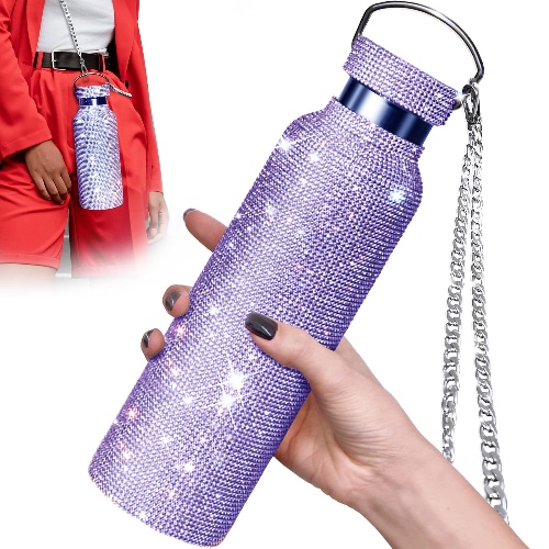 iRabgeb Diamond Water Bottle,Bling Diamond Vacuum Flask Sparkling Glitter Thermos Bottles for Women Refillable High-end Insulated Bottle Stainless Steel with Lid Silver (750, Purple) - Purple